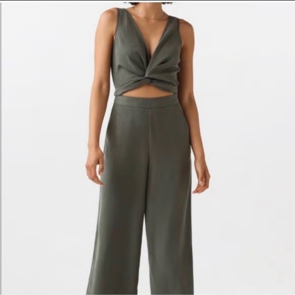 VETTA Olive Green Wide-Leg Twist-Front Jumpsuit